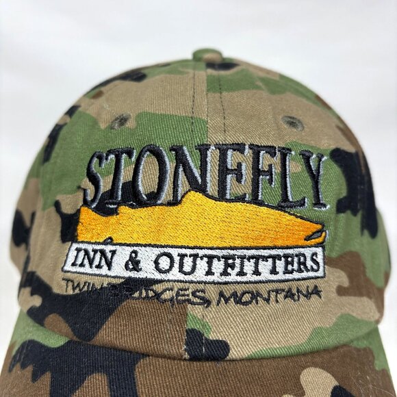 Simms Fishing Stonefly Outfitters Montana Camo Embroidered Strapback Cap Hat - Picture 2 of 7